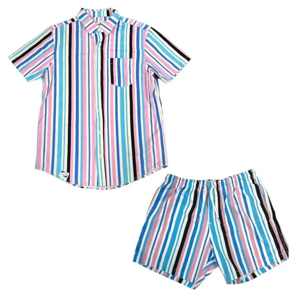 Bermies Other - SET Mens Bermies Swim Trunks Matching Button Down Striped Blue Pink Outfit